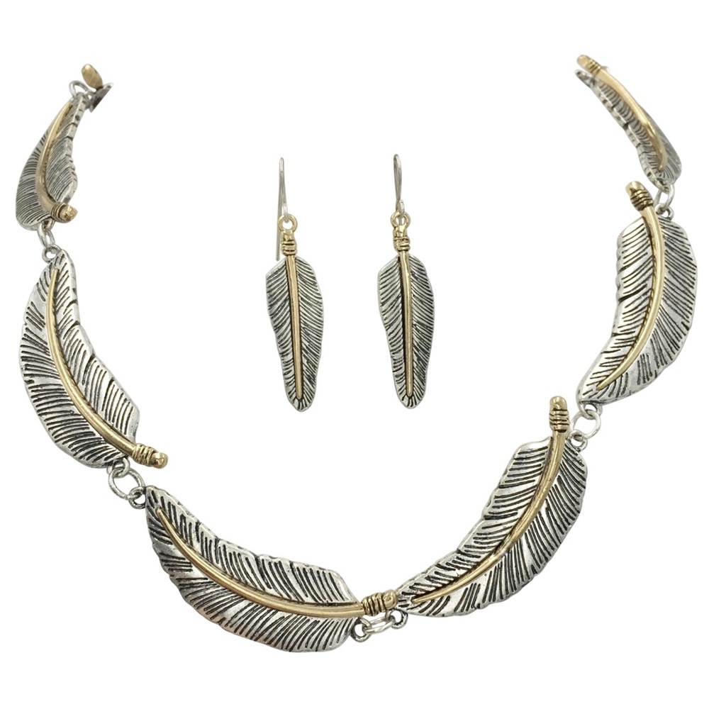Silver Gold Leaf Statement Necklace Earrings Set